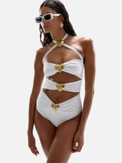 Diamond Heart Cut Out Swimsuit - Pearl